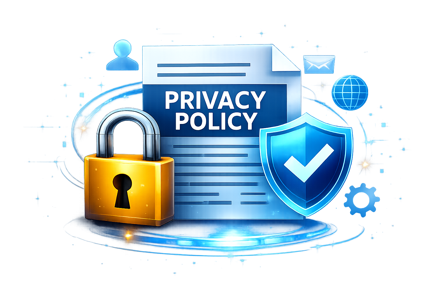 Privacy policy document with lock and shield icons symbolizing security