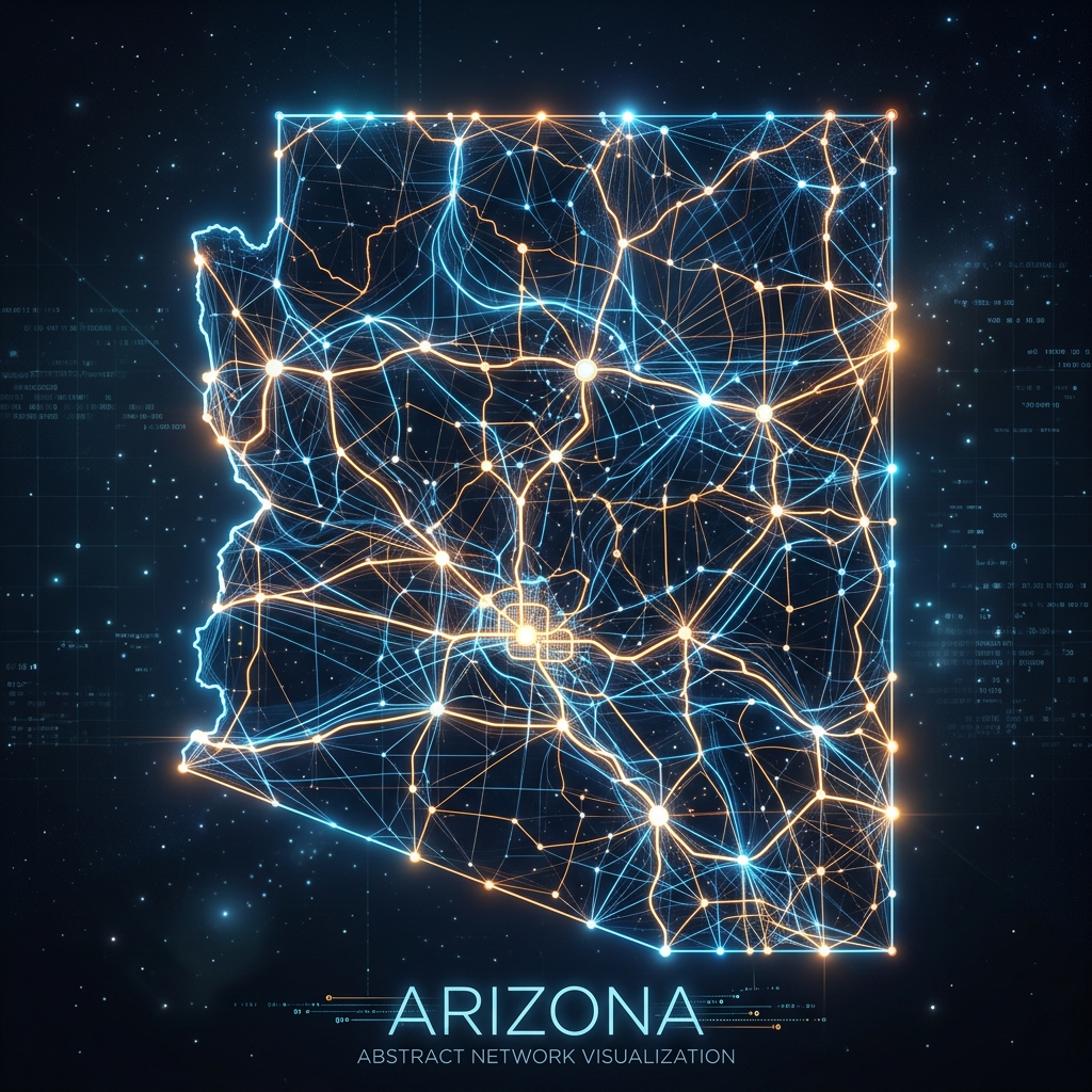 Digital map of Arizona displaying interconnected network nodes and pathways in blue and orange