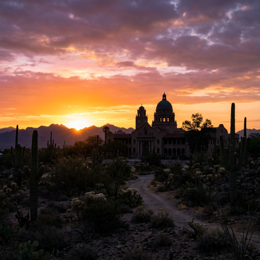 Historic southwestern building silhouette with desert cacti at sunset